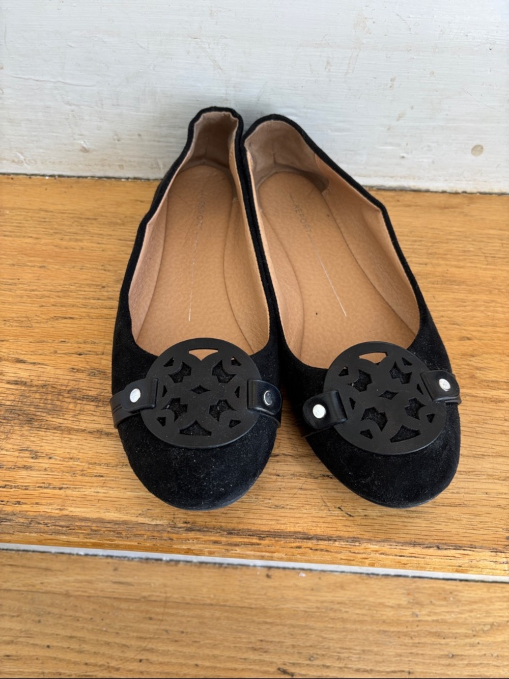 Report Black Suede Ballet Flats with Decorative Medallion
